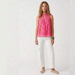 ADIVA Hot Pink 3D Floral Embroidered Tank Top Blouse M Mesh Spring Boho Chic